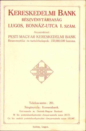 Reclamă Banca Comercială Lugoj ante 1918