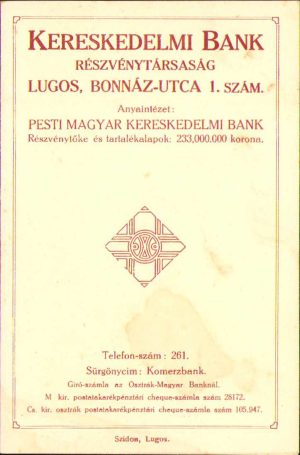 Reclamă Banca Comercială Lugoj ante 1918