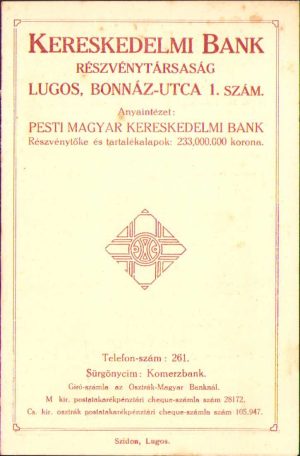 Reclamă Banca Comercială Lugoj ante 1918