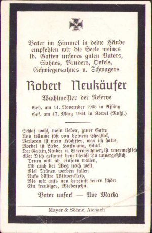 Necrolog, deathcard, militar german, 1944, Wachtmeister der Reserve, mort pe Frontul de Est