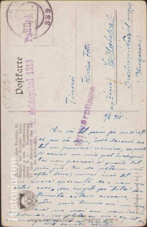 Carte poștală austro-ungară, 1918, cu ștampilă k.u.k. Feldspital 1313 Militarpflege, Feldpost 339, militar de origine română, circulată în comitatul Bistrița-Năsăud
