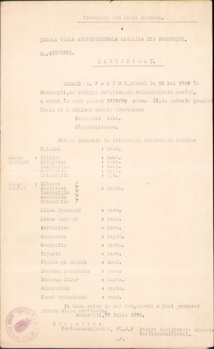 Școala Reală Arhiepiscopală Catolică din București, certificat , 1941, cu timbre consulare