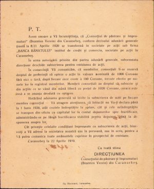 Anunț constituire Banca Bănatului 1920 Caransebeș
