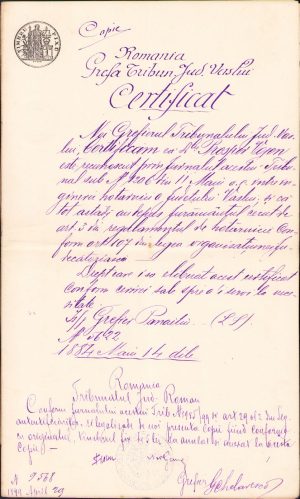 Copie legalizată de epocă, 1899, recunoașterea dreptului de a practica meseria de inginer hotarnic, Vaslui