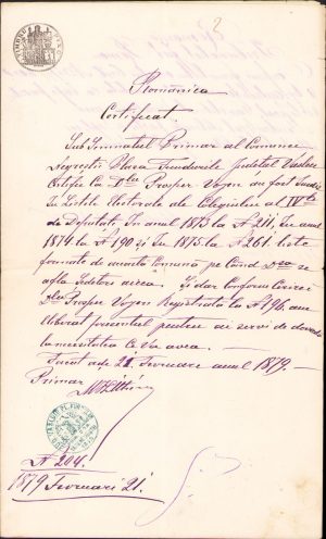 Certificat de înregistrare pe listele electorale, 1879, semnat olograf de primarul localității Negrești, județul Vaslui