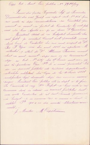 Copie olografă de epocă, 1889, Ministerul Lucrărilor Publice către județul Vaslui