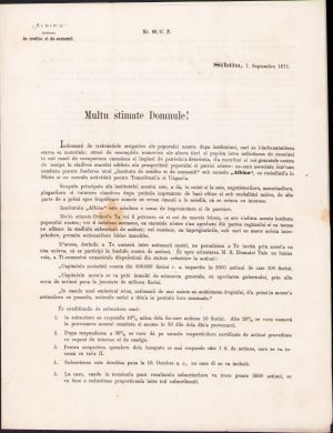 Invitare la fondul de acțiuni și dechiaratiune de subscriere la deschiderea Institutului de Credit și Economii „Albina” din Sibiu, 1871