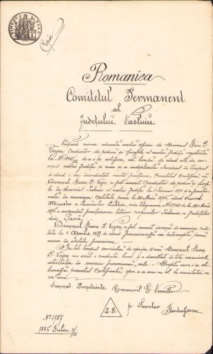 Copie legalizată de epocă, certificat de conductor de drumuri și poduri, 1886, Comitetul Permanent al județului Vaslui