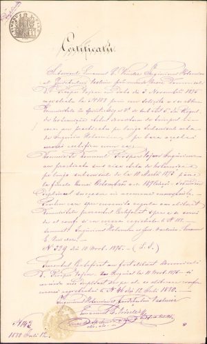 Certificat de inginer hotarnic al județului Vaslui, 1880