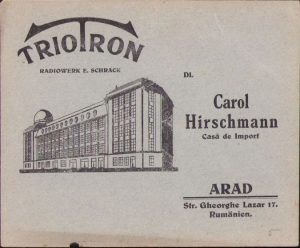 Plic cu reclamă Casa de import Carol Hirschmann Arad, comerciant evreu, perioada interbelică