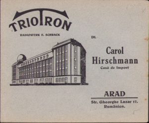 Plic cu reclamă Casa de import Carol Hirschmann Arad, comerciant evreu, perioada interbelică