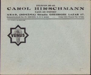 Plic tipizat Casa de import Carol Hirschmann Arad, comerciant evreu, perioada interbelică