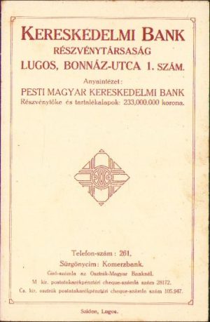 Reclamă Banca Comercială Lugoj, ante 1918