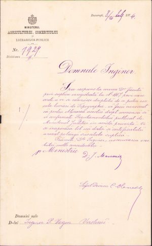 Act, 1876, cu antet Ministerul Agriculturei Comerțiului și Lucrărilor Publice