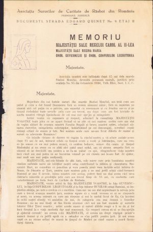 Memoriu adresat Majestăței Sale Regelui Carol al II-lea și Majestății Sale Regina Maria de către Asociația Surorilor de Caritate de Răsboi din România, începutul anilor 1930