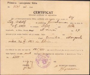 Certificat înlocuind certificatul de naționalitate, 1933, Sibiu, cu timbre