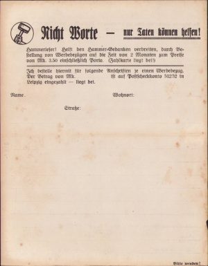 Hârtie cu antet Hammer, organizație protonazistă, Germania