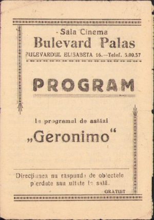 Program cinematograf, sala cinema Bulevard Palas București, interbelic
