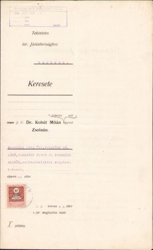 Kereset, 1913, Pongracz nagybirtokos Zsolna Zilina