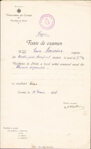 Lot de 4 documente emise de Universitatea din Cernăuți între anii 1926-1929 pe numele viitorului profesor universitar de la Timișoara, Leon Sauciuc