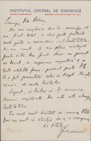 Scrisoare olografă Sabin Manuilă către Lucian Bolcaș, 1938