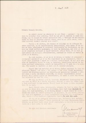 Scrisoare semnată olograf Sabin Manuilă către Braesku, 1938