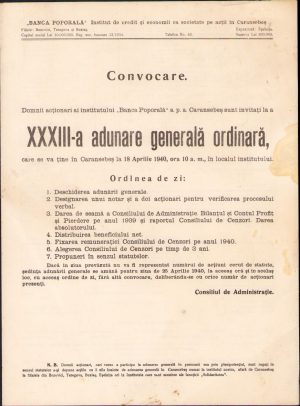 Convocare Adunarea generală Banca Poporală Caransebeș, 1940