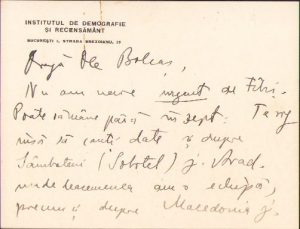 Notă olografă Sabin Manuilă către Lucian Bolcaș, 1935