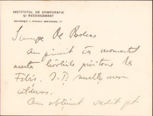 Notă olografă Sabin Manuilă către Lucian Bolcaș, 1935
