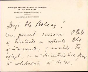 Notă olografă Sabin Manuilă către Lucian Bolcaș, 1933