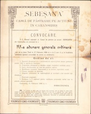 Convocarea adunării generale, 1906, a Cassei de Păstrare pe acțiuni "Sebeșana" din Caransebeș.