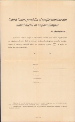 Formular în limba română, cerere de înscriere în Clubul dietal al naționalităților, Budapesta, 1905
