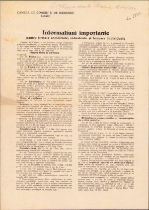 Informațiuni importante pentru firmele comerciale, industriale și bancare individuale, Camera de Comerț și Industrie Lugoj, 1944