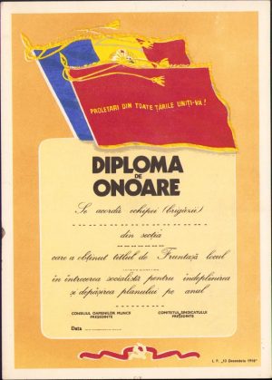 Diplomă de onoare echipă/brigadă fruntașă România comunistă