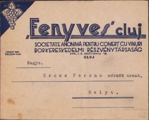 Plic cu antet Societatea anonimă pentru comerț cu vinuri Fenyves, Cluj