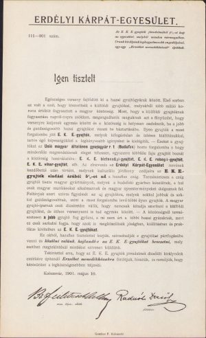Reclamă la chibrituri de fabricație maghiară, Erdélyi Kárpát Egyesület, Cluj, 1901