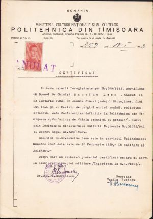 Certificat conferențiar universitar Leon Sauciuc, 1943, Politehnica din Timișoara