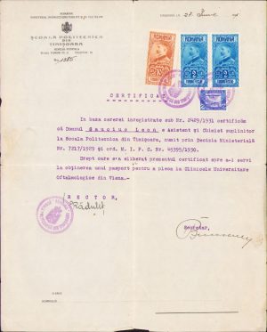 Certificat asistent universitar Leon Sauciuc, 1931, Politehnica din Timișoara