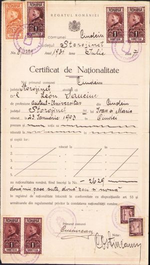 Certificat de naționalitate Leon Sauciuc, 1931, județul Storojineț