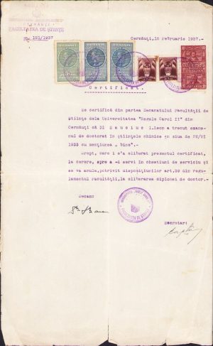 Certificat doctorat Leon Sauciuc, 1937, Cernăuți