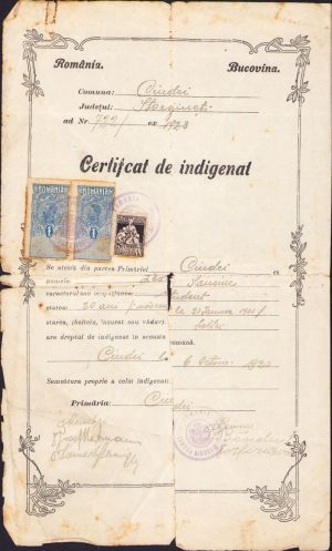 Certificat de indigenat, Leon Sauciuc, 1923, județul Storojineț