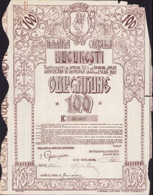 Obligațiune de 100 lei Primăria orașului București, interbelică