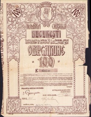 Obligațiune de 100 lei Primăria orașului București, interbelică