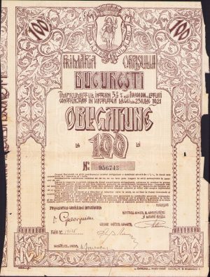 Obligațiune de 100 lei Primăria orașului București, interbelică