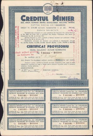 Acțiune 10000 lei Creditul Minier