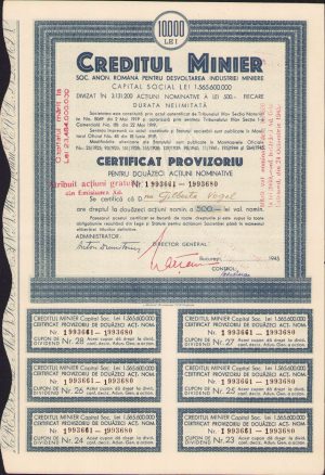 Acțiune 10000 lei Creditul Minier