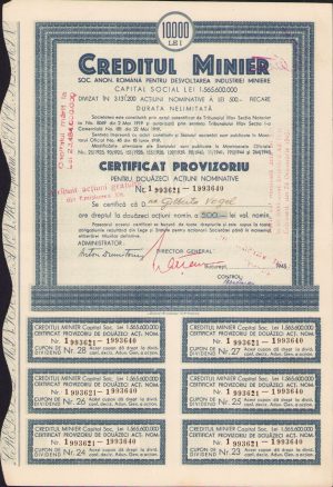 Acțiune 10000 lei Creditul Minier