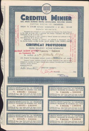 Acțiune 10000 lei Creditul Minier