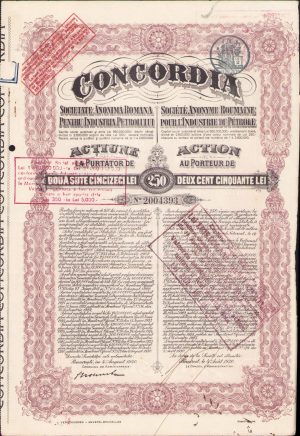 Acțiune la purtător de 250 lei Concordia, interbelică
