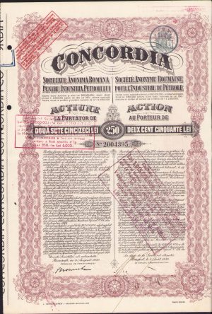 Acțiune la purtător de 250 lei Concordia, interbelică